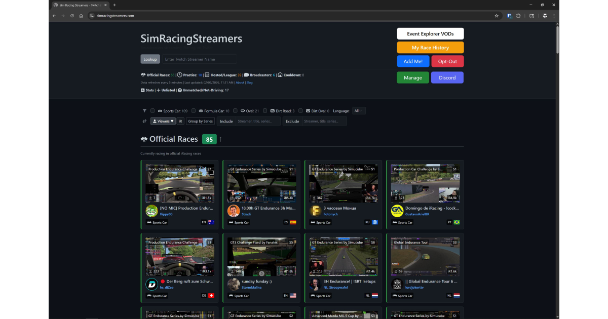 Sim Racing Streamers - Twitch iRacing Streams | SimRacingStreamers.com